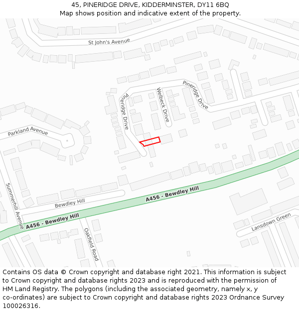 45, PINERIDGE DRIVE, KIDDERMINSTER, DY11 6BQ: Location map and indicative extent of plot