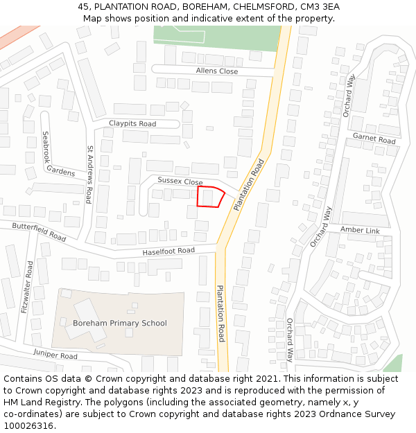 45, PLANTATION ROAD, BOREHAM, CHELMSFORD, CM3 3EA: Location map and indicative extent of plot