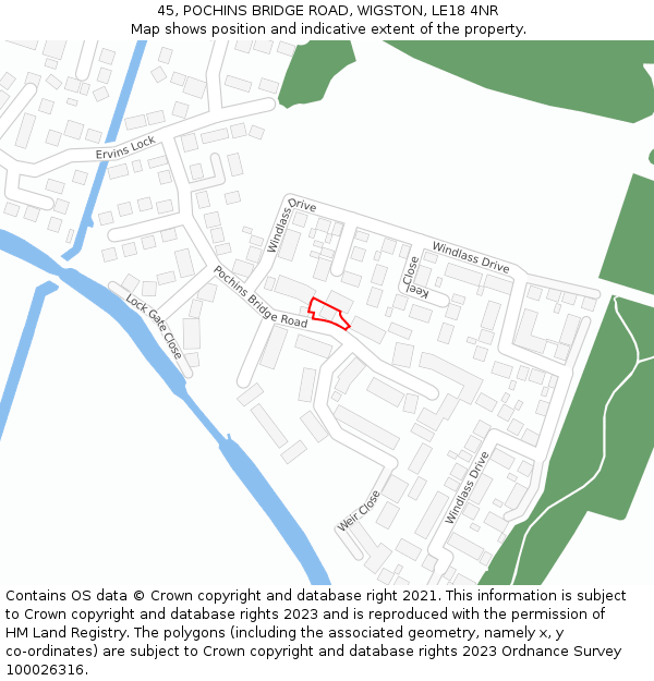 45, POCHINS BRIDGE ROAD, WIGSTON, LE18 4NR: Location map and indicative extent of plot