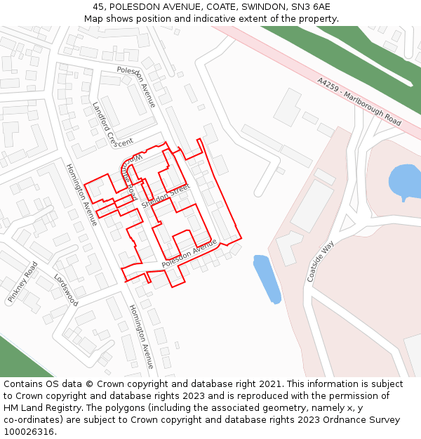 45, POLESDON AVENUE, COATE, SWINDON, SN3 6AE: Location map and indicative extent of plot