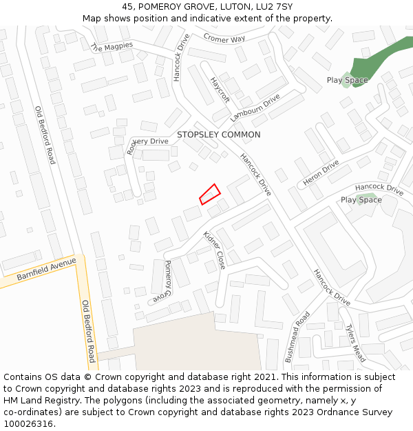 45, POMEROY GROVE, LUTON, LU2 7SY: Location map and indicative extent of plot