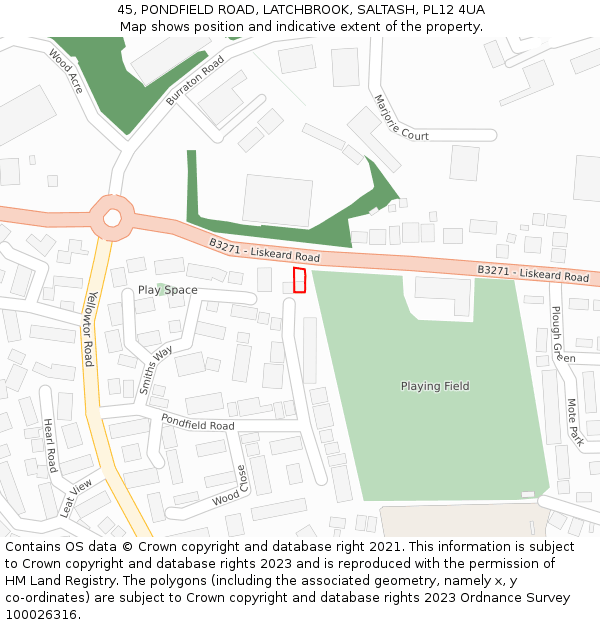 45, PONDFIELD ROAD, LATCHBROOK, SALTASH, PL12 4UA: Location map and indicative extent of plot