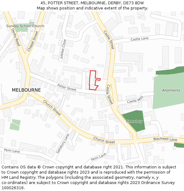 45, POTTER STREET, MELBOURNE, DERBY, DE73 8DW: Location map and indicative extent of plot