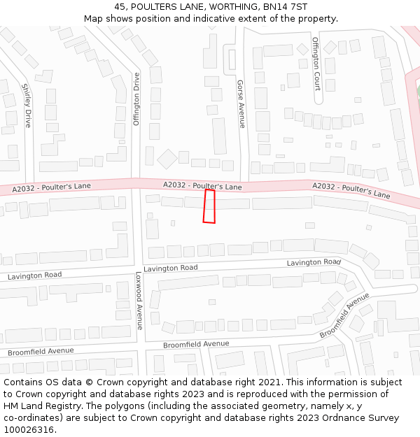 45, POULTERS LANE, WORTHING, BN14 7ST: Location map and indicative extent of plot