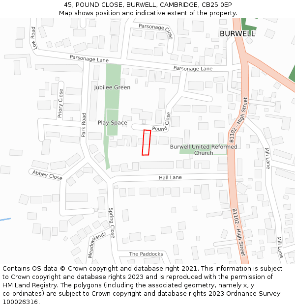 45, POUND CLOSE, BURWELL, CAMBRIDGE, CB25 0EP: Location map and indicative extent of plot