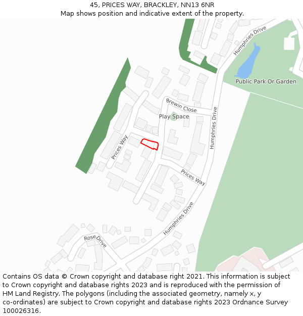 45, PRICES WAY, BRACKLEY, NN13 6NR: Location map and indicative extent of plot