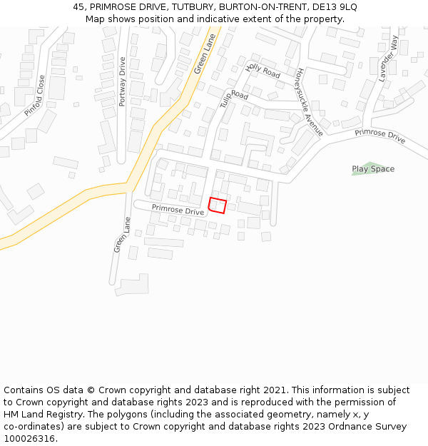 45, PRIMROSE DRIVE, TUTBURY, BURTON-ON-TRENT, DE13 9LQ: Location map and indicative extent of plot