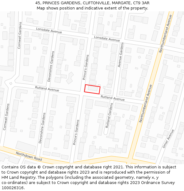 45, PRINCES GARDENS, CLIFTONVILLE, MARGATE, CT9 3AR: Location map and indicative extent of plot