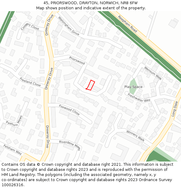 45, PRIORSWOOD, DRAYTON, NORWICH, NR8 6FW: Location map and indicative extent of plot