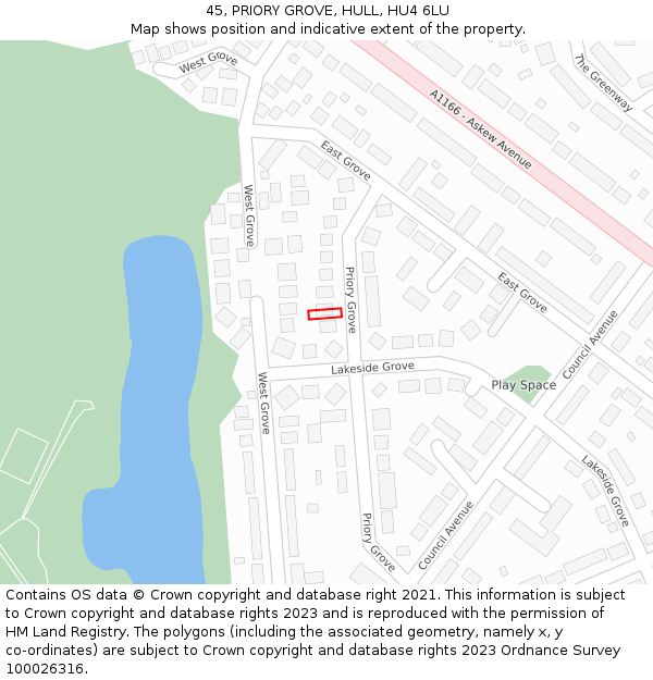 45, PRIORY GROVE, HULL, HU4 6LU: Location map and indicative extent of plot