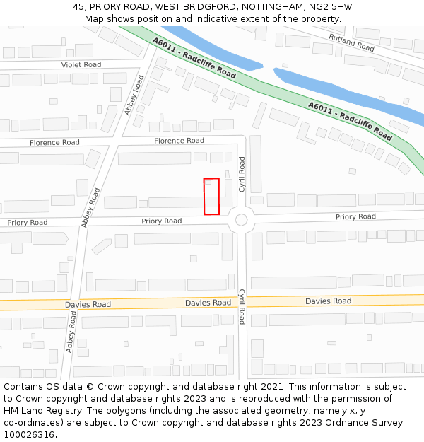 45, PRIORY ROAD, WEST BRIDGFORD, NOTTINGHAM, NG2 5HW: Location map and indicative extent of plot