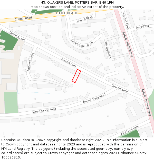 45, QUAKERS LANE, POTTERS BAR, EN6 1RH: Location map and indicative extent of plot