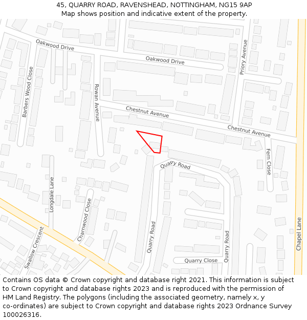 45, QUARRY ROAD, RAVENSHEAD, NOTTINGHAM, NG15 9AP: Location map and indicative extent of plot