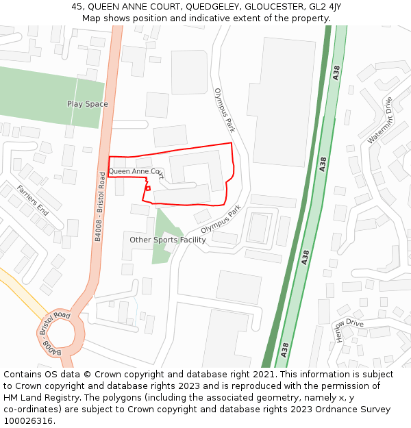 45, QUEEN ANNE COURT, QUEDGELEY, GLOUCESTER, GL2 4JY: Location map and indicative extent of plot