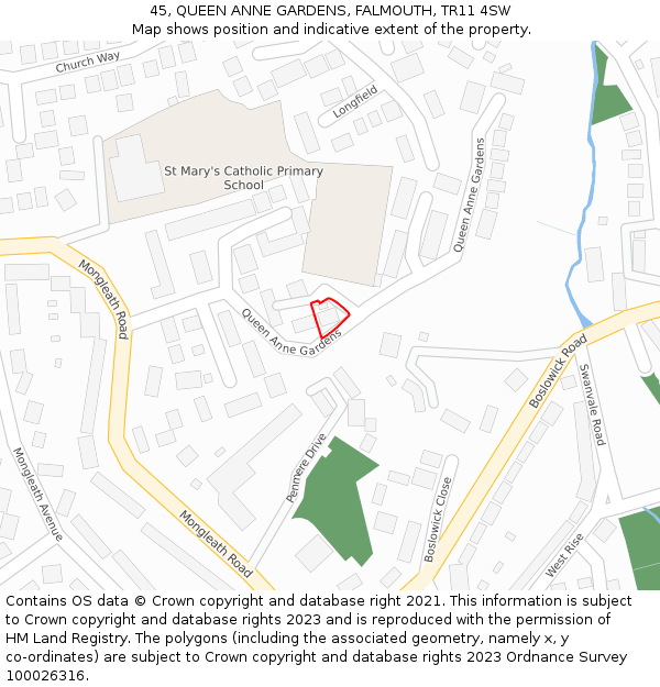 45, QUEEN ANNE GARDENS, FALMOUTH, TR11 4SW: Location map and indicative extent of plot