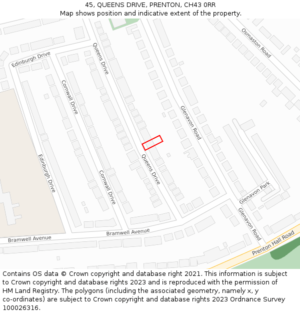 45, QUEENS DRIVE, PRENTON, CH43 0RR: Location map and indicative extent of plot