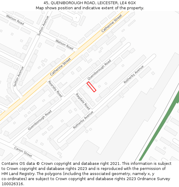 45, QUENIBOROUGH ROAD, LEICESTER, LE4 6GX: Location map and indicative extent of plot