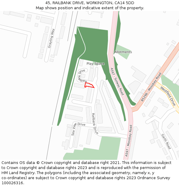 45, RAILBANK DRIVE, WORKINGTON, CA14 5DD: Location map and indicative extent of plot
