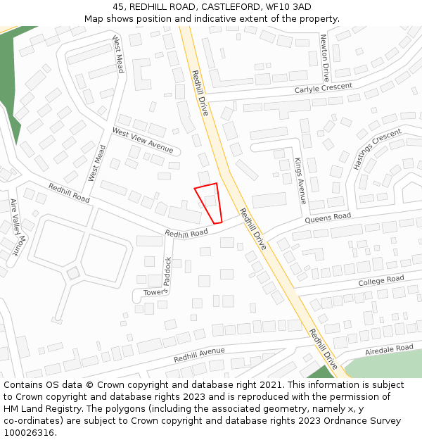 45, REDHILL ROAD, CASTLEFORD, WF10 3AD: Location map and indicative extent of plot