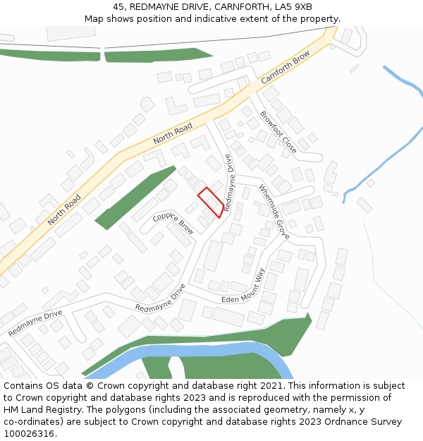 45, REDMAYNE DRIVE, CARNFORTH, LA5 9XB: Location map and indicative extent of plot