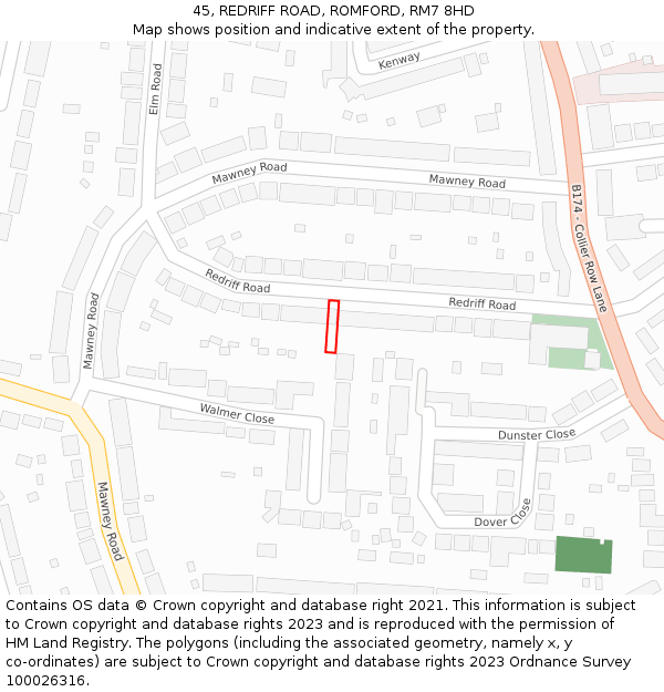 45, REDRIFF ROAD, ROMFORD, RM7 8HD: Location map and indicative extent of plot