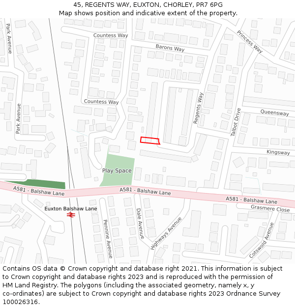 45, REGENTS WAY, EUXTON, CHORLEY, PR7 6PG: Location map and indicative extent of plot