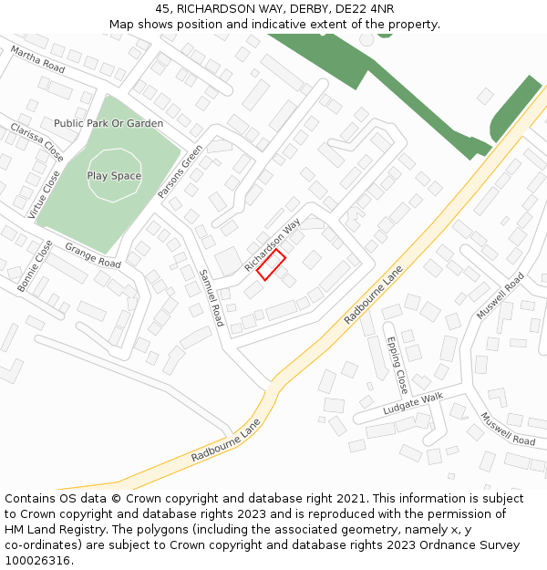 45, RICHARDSON WAY, DERBY, DE22 4NR: Location map and indicative extent of plot