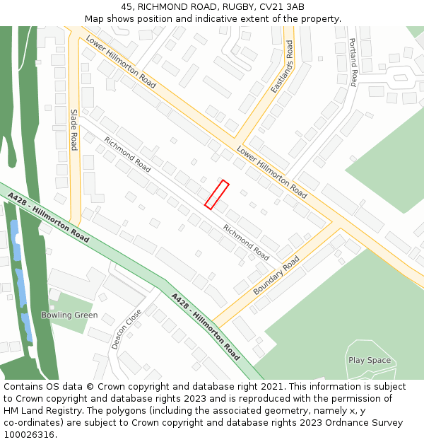 45, RICHMOND ROAD, RUGBY, CV21 3AB: Location map and indicative extent of plot