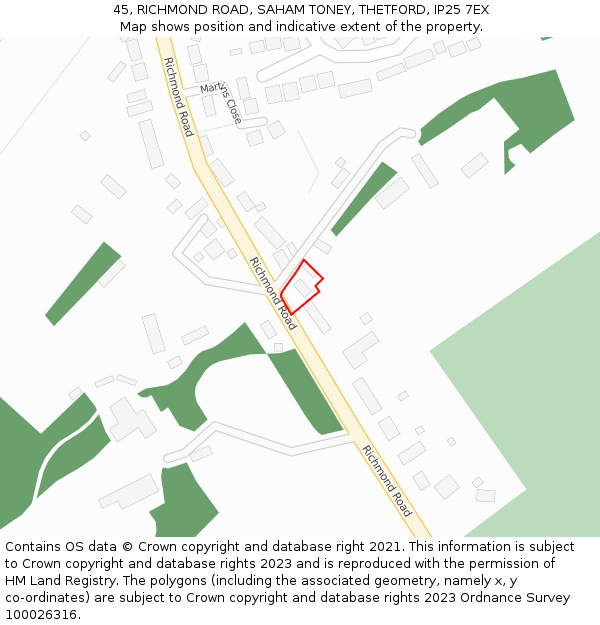 45, RICHMOND ROAD, SAHAM TONEY, THETFORD, IP25 7EX: Location map and indicative extent of plot