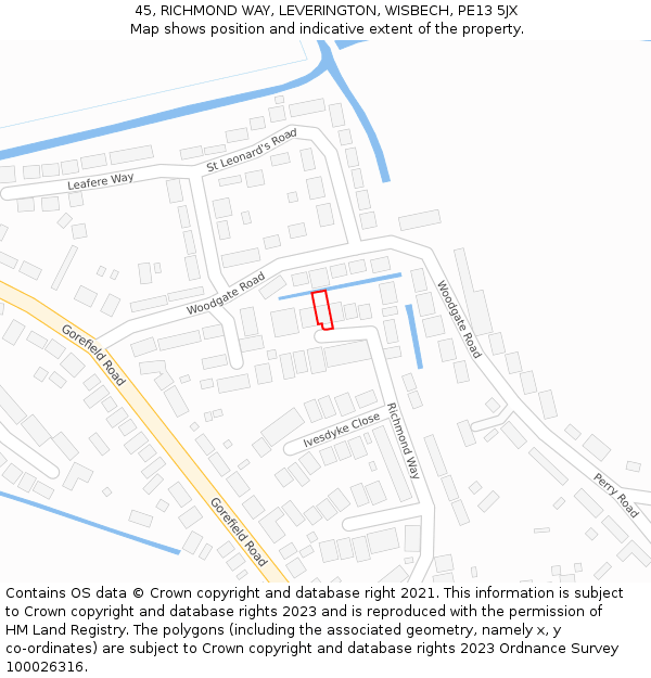 45, RICHMOND WAY, LEVERINGTON, WISBECH, PE13 5JX: Location map and indicative extent of plot