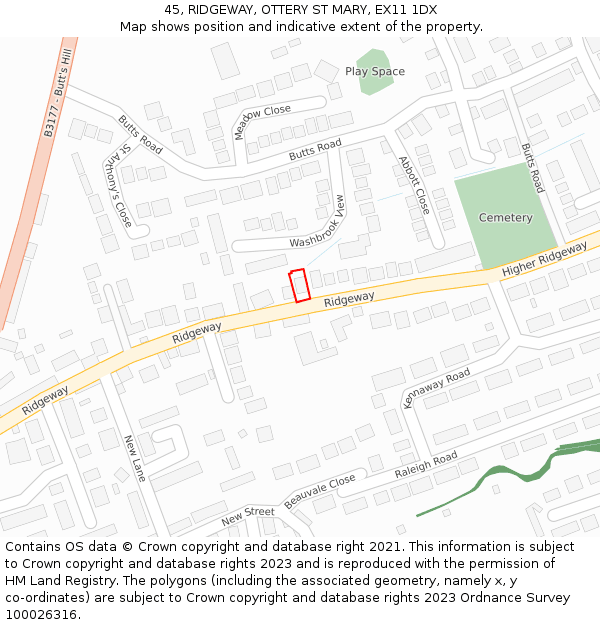 45, RIDGEWAY, OTTERY ST MARY, EX11 1DX: Location map and indicative extent of plot