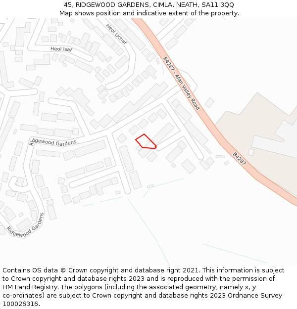 45, RIDGEWOOD GARDENS, CIMLA, NEATH, SA11 3QQ: Location map and indicative extent of plot