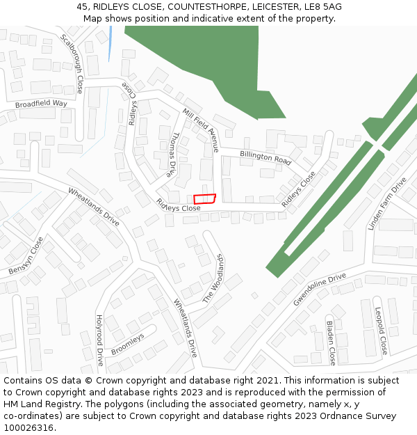 45, RIDLEYS CLOSE, COUNTESTHORPE, LEICESTER, LE8 5AG: Location map and indicative extent of plot