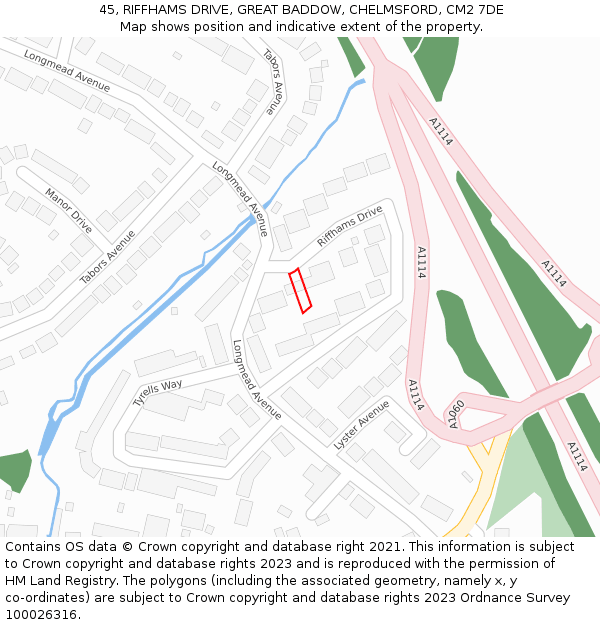 45, RIFFHAMS DRIVE, GREAT BADDOW, CHELMSFORD, CM2 7DE: Location map and indicative extent of plot