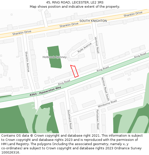 45, RING ROAD, LEICESTER, LE2 3RS: Location map and indicative extent of plot