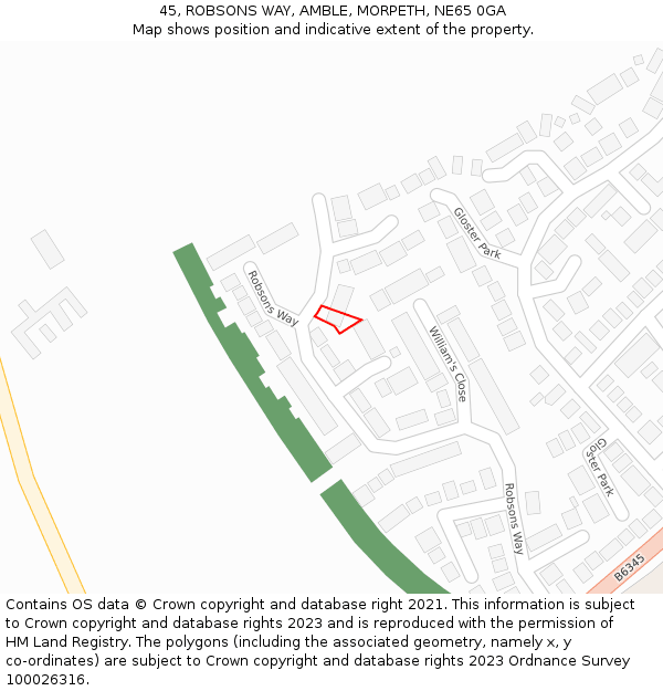 45, ROBSONS WAY, AMBLE, MORPETH, NE65 0GA: Location map and indicative extent of plot