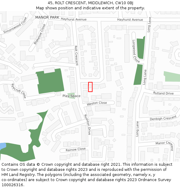 45, ROLT CRESCENT, MIDDLEWICH, CW10 0BJ: Location map and indicative extent of plot