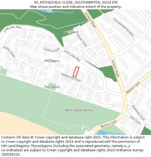 45, ROTHSCHILD CLOSE, SOUTHAMPTON, SO19 9TE: Location map and indicative extent of plot