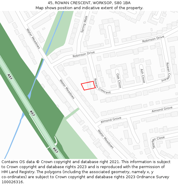 45, ROWAN CRESCENT, WORKSOP, S80 1BA: Location map and indicative extent of plot