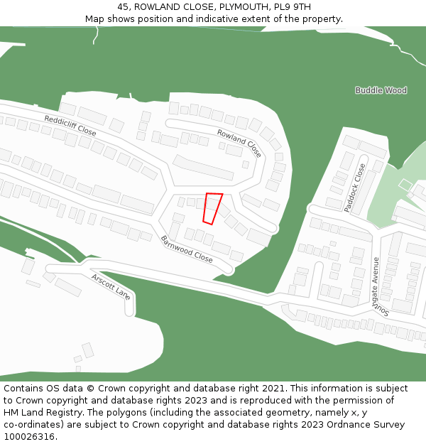 45, ROWLAND CLOSE, PLYMOUTH, PL9 9TH: Location map and indicative extent of plot