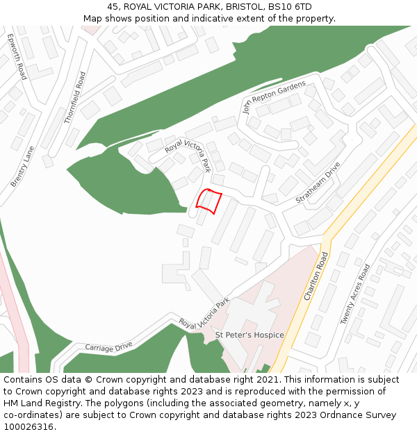 45, ROYAL VICTORIA PARK, BRISTOL, BS10 6TD: Location map and indicative extent of plot