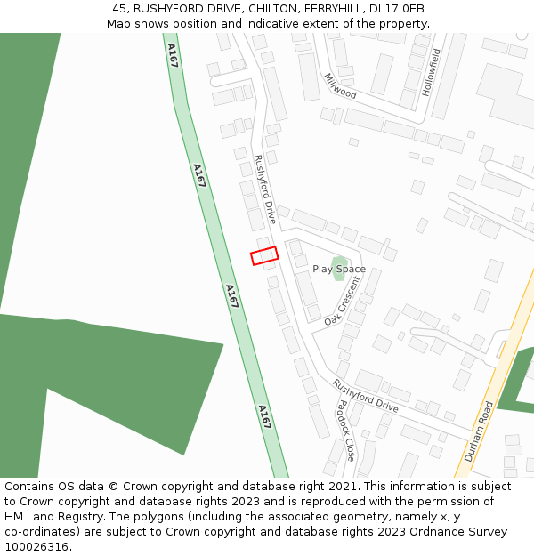 45, RUSHYFORD DRIVE, CHILTON, FERRYHILL, DL17 0EB: Location map and indicative extent of plot
