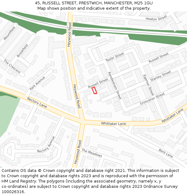 45, RUSSELL STREET, PRESTWICH, MANCHESTER, M25 1GU: Location map and indicative extent of plot