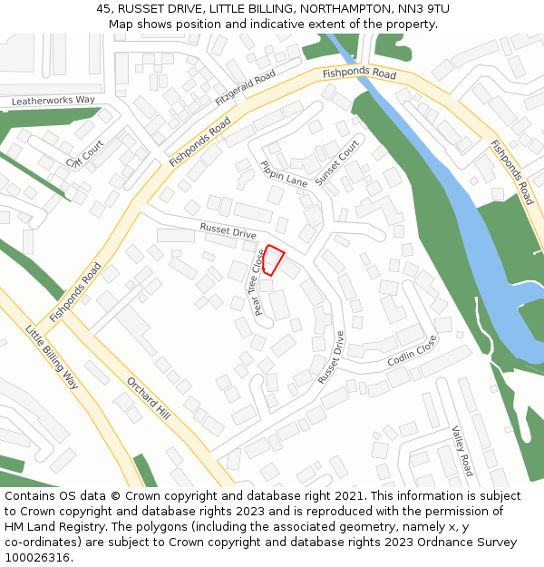 45, RUSSET DRIVE, LITTLE BILLING, NORTHAMPTON, NN3 9TU: Location map and indicative extent of plot