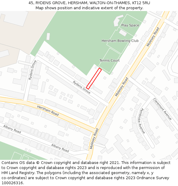 45, RYDENS GROVE, HERSHAM, WALTON-ON-THAMES, KT12 5RU: Location map and indicative extent of plot