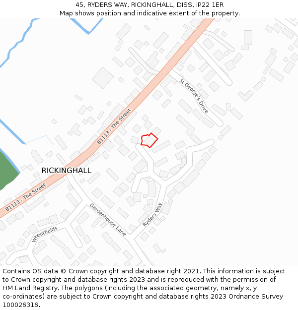 45, RYDERS WAY, RICKINGHALL, DISS, IP22 1ER: Location map and indicative extent of plot