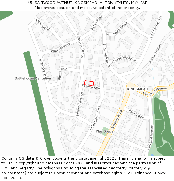 45, SALTWOOD AVENUE, KINGSMEAD, MILTON KEYNES, MK4 4AF: Location map and indicative extent of plot