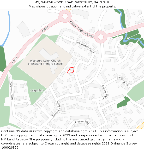 45, SANDALWOOD ROAD, WESTBURY, BA13 3UR: Location map and indicative extent of plot