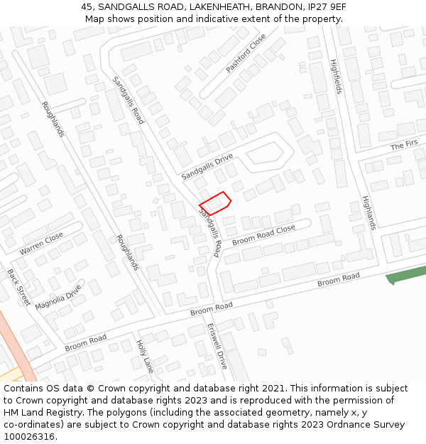 45, SANDGALLS ROAD, LAKENHEATH, BRANDON, IP27 9EF: Location map and indicative extent of plot