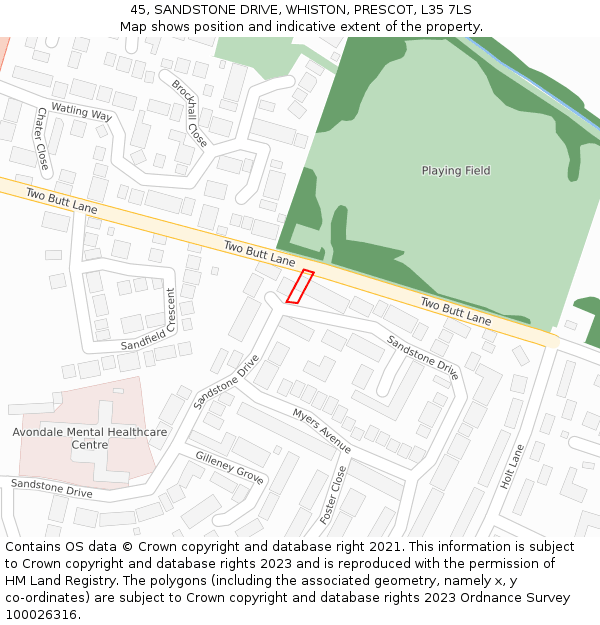 45, SANDSTONE DRIVE, WHISTON, PRESCOT, L35 7LS: Location map and indicative extent of plot